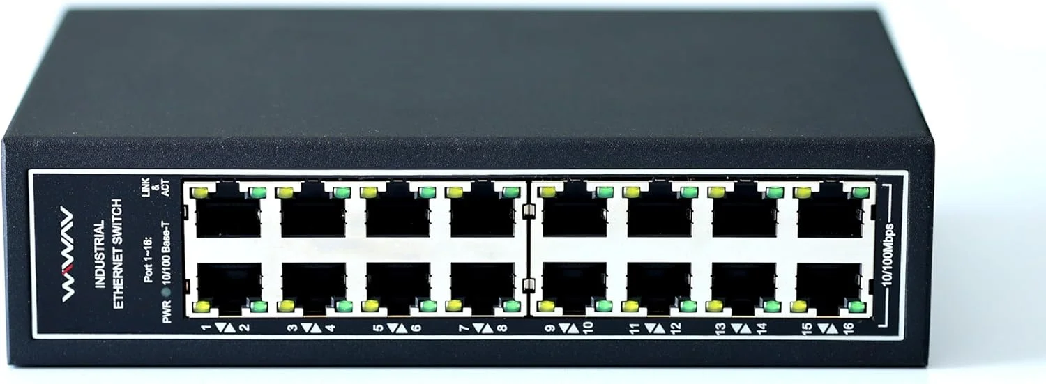 سوییچ اترنت صنعتی غیر مدیریتی 16 پورت 10/100 مگابیت بر ثانیه WIWAV WDH-16ET-DC با نصب ریلی DIN/دیواری (بدون فن، -30 تا 75 درجه سانتیگراد)