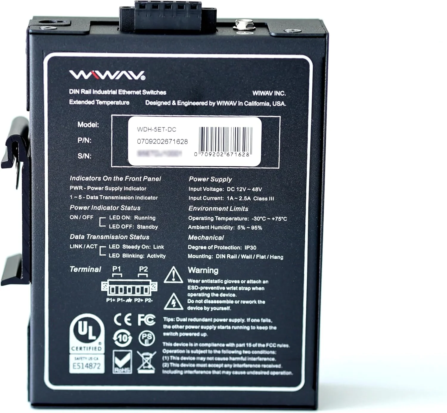 سوئیچ اترنت صنعتی غیر مدیریتی 5 پورت 10/100 مگابیت بر ثانیه WIWAV WDH-5ET-DC با نصب ریلی DIN / دیواری (بدون فن، -30؟~75؟) سوئیچ اترنت صنعتی غیر مدیریتی 5 پورت 10/100 مگابیت بر ثانیه WIWAV WDH-5ET-DC با نصب ریلی DIN / دیواری (بدون فن، -30؟~75؟)