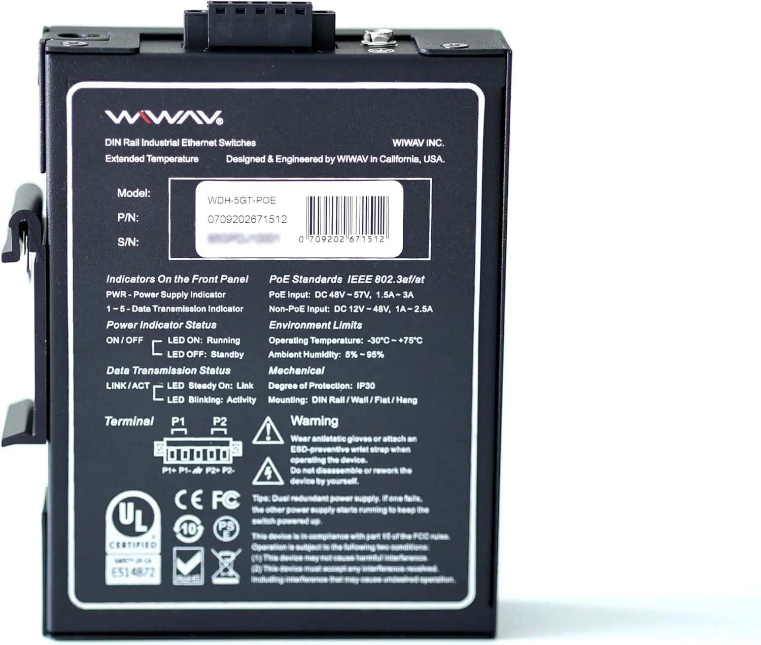 سوییچ اترنت صنعتی 5 پورت گیگابیتی غیر مدیریتی WIWAV WDH-5GT-POE 10/100/1000Mbps با قابلیت نصب روی ریل DIN/دیوار (بدون فن، -30℃~75℃)