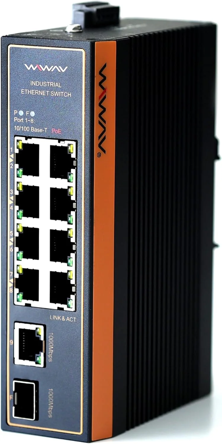 سوییچ اترنت PoE غیر مدیریتی صنعتی WIWAV WP1010-8FE1GE1GF-I با سرعت 10/100 مگابیت بر ثانیه با نصب ریل DIN/دیواری (دارای تاییدیه UL، IP40، -40 تا 85 درجه سانتیگراد)