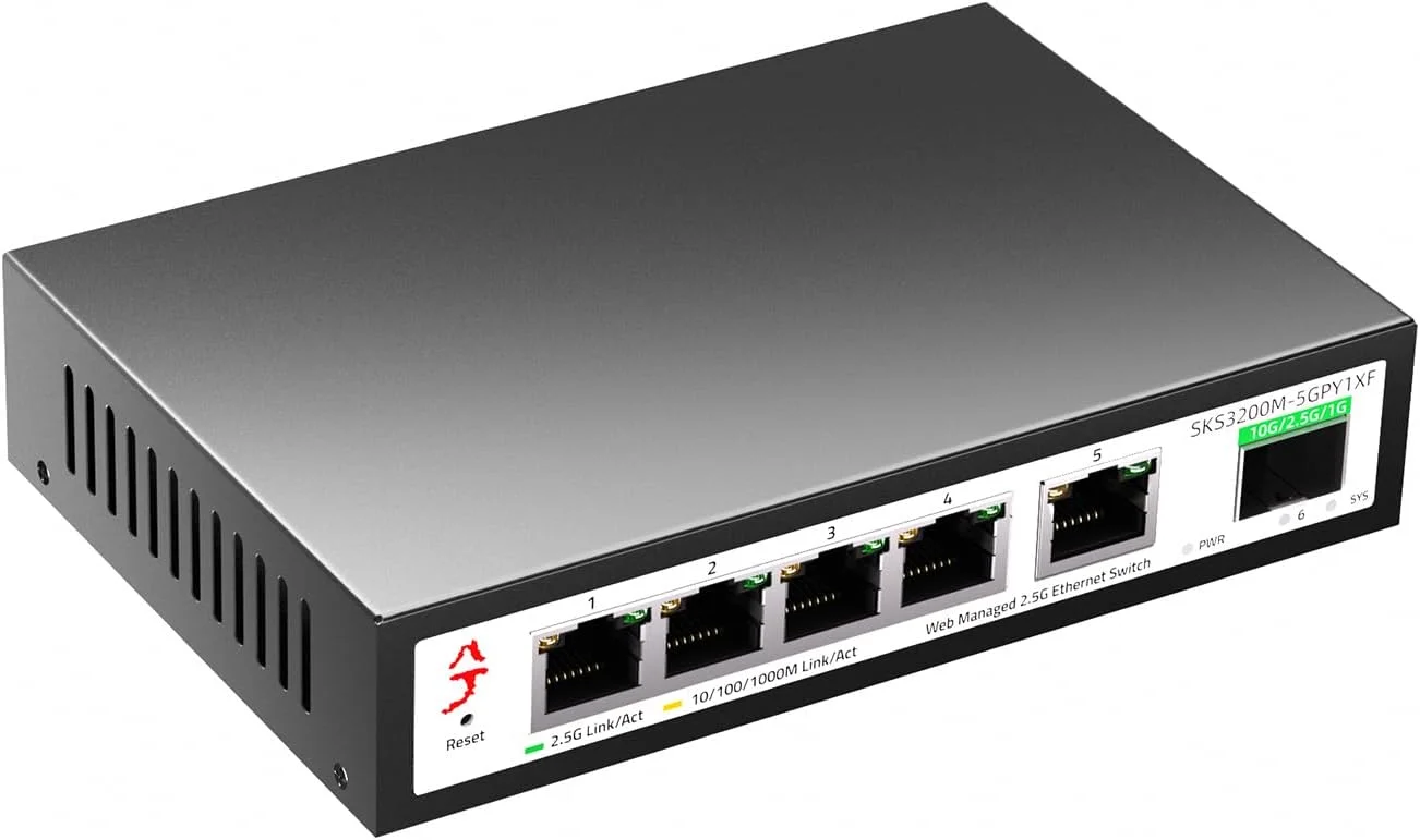 سوئیچ اترنت مدیریت شده 6 پورت 2.5G XikeStor با آپلینک 10G SFP+، سوئیچ شبکه 2.5 گیگابیتی، اسپلیتر اترنت، پلاگ اند پلی، بدنه فلزی، رومیزی/قابل نصب روی دیوار