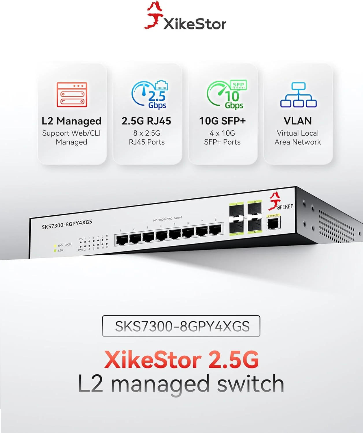 سوئیچ اترنت مدیریت شده L2 با 12 پورت 2.5G، سوئیچ شبکه 2.5 گیگابیتی، 8 پورت RJ45 2.5G و 4 پورت SFP+ 10G، پشتیبانی از VLAN/QoS/ACL/IGMP/STP/SNMP/LACP، مدیریت وب/CLI، بدنه فلزی، نصب در رک 19 اینچی