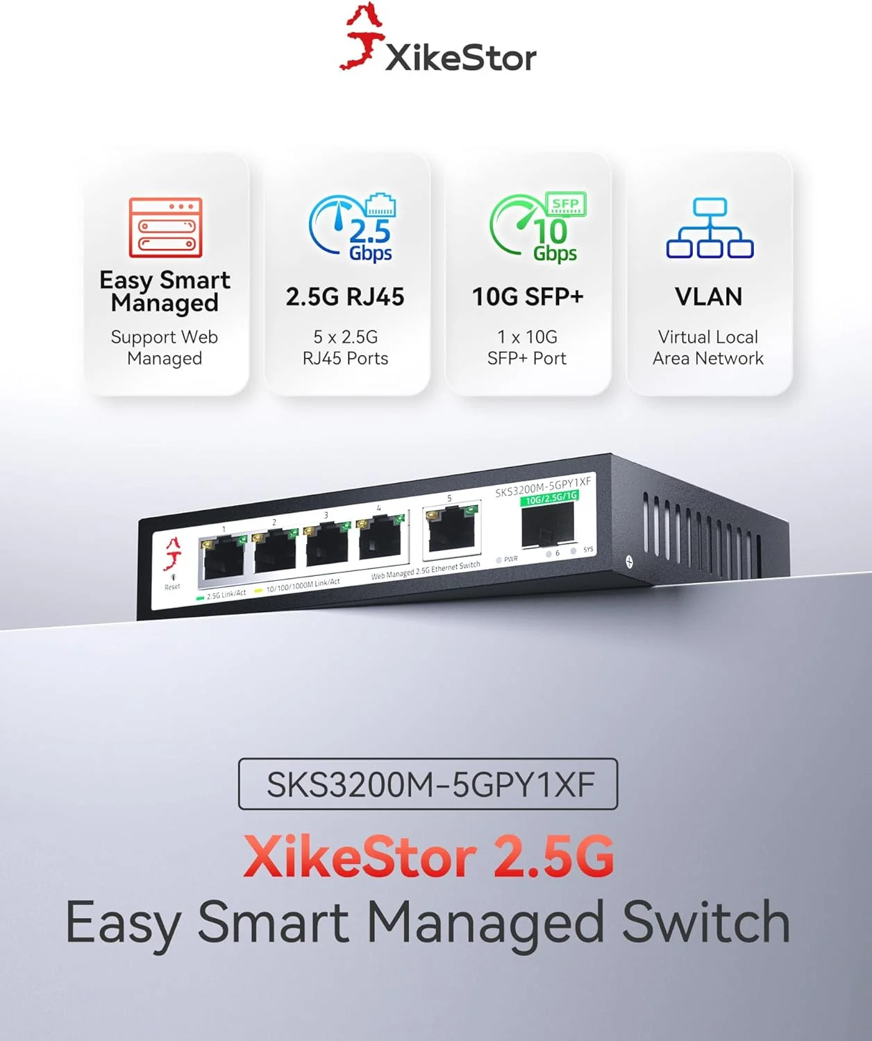 سوئیچ اترنت مدیریت شده 6 پورت 2.5G XikeStor با آپلینک 10G SFP+، سوئیچ شبکه 2.5 گیگابیتی، اسپلیتر اترنت، پلاگ اند پلی، بدنه فلزی، رومیزی/قابل نصب روی دیوار