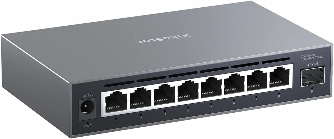 سوئیچ مدیریتی 8 پورت 2.5G با 8 پورت 2.5G RJ45 و 1 پورت 10G SFP+، دارای LACP/VLAN/QoS/STP/IGMP، بدون صدا و فن، بدنه آلیاژ آلومینیوم، قابل نصب روی میز/دیوار، مناسب برای NAS 2.5G، کامپیوتر گیمینگ، WIFI6 Ap و 4K