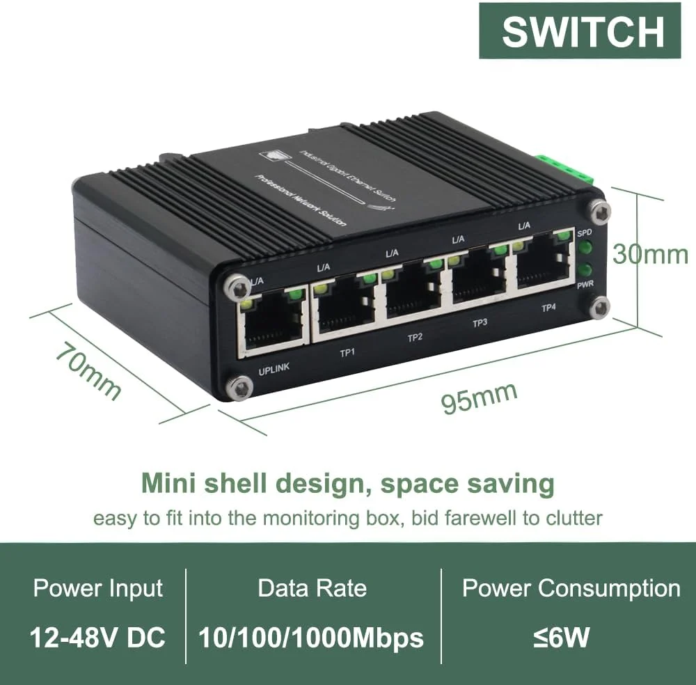 سوییچ اترنت 5 پورت - هاب شبکه گیگابیتی غیر مدیریتی صنعتی با ورودی برق 12-48VDC، اتصال سریع، Plug and Play، نصب روی ریل Din یا دیوار، بدنه فلزی