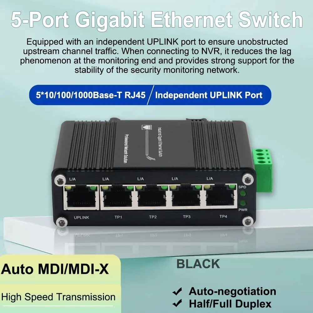 سوییچ اترنت 5 پورت - هاب شبکه گیگابیتی غیر مدیریتی صنعتی با ورودی برق 12-48VDC، اتصال سریع، Plug and Play، نصب روی ریل Din یا دیوار، بدنه فلزی