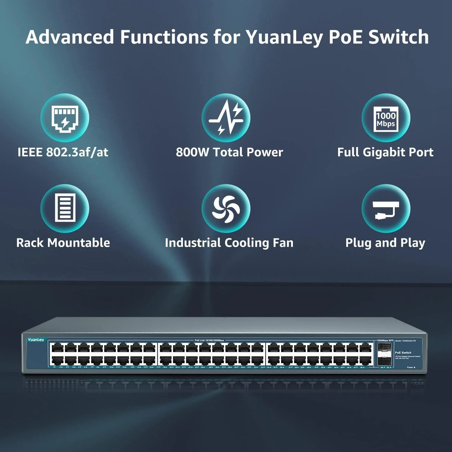 سوئیچ 48 پورت گیگابیتی PoE یوانلی، غیر مدیریتی با 2 آپلینک SFP 1000Mbps، سوئیچ شبکه PoE+ با توان بالا 800 وات، سوئیچ فلزی رکمونت Power Over Ethernet سوئیچ 48 پورت گیگابیتی PoE یوانلی، غیر مدیریتی با 2 آپلینک SFP 1000Mbps، سوئیچ شبکه PoE+ با توان بالا 800 وات، سوئیچ فلزی رکمونت Power Over Ethernet