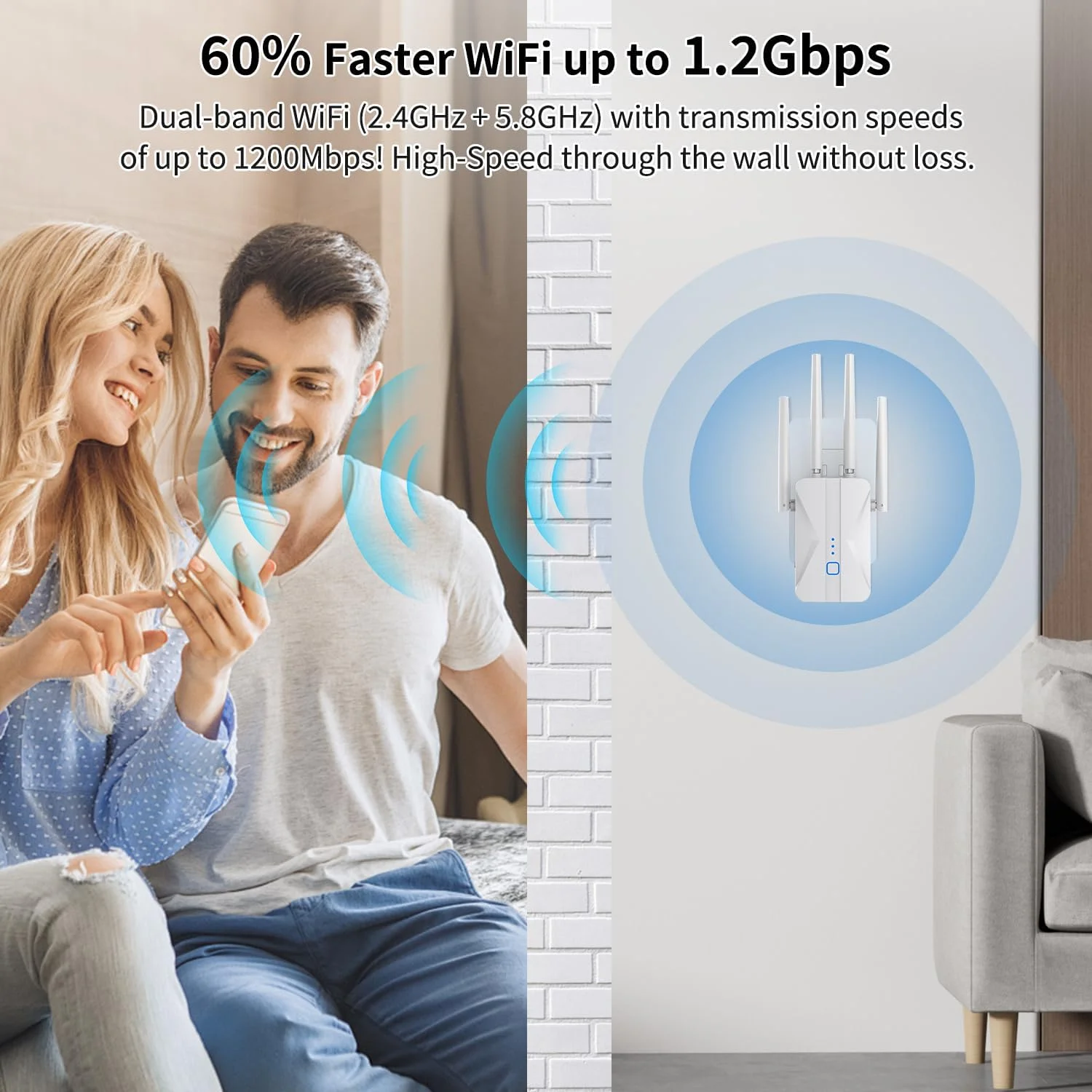 تقویت کننده سیگنال WiFi، توسعه دهنده WiFi AC1200Mbps دو بانده (5.8GHz/2.4GHz)، تقویت کننده WiFi با پورت اترنت برای پوشش تا 930 متر مربع، سازگار با دستگاه های بیشتر برای خانه