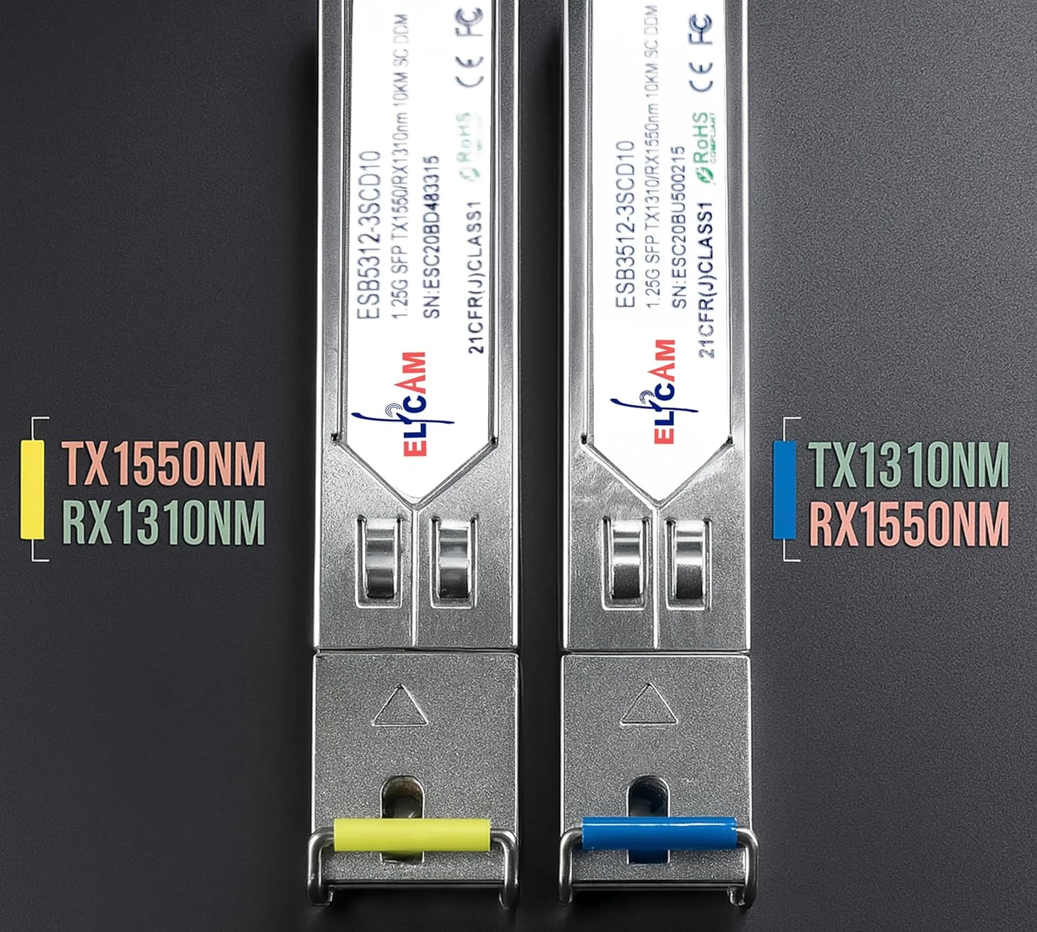 الفکم - بسته 2 عددی SFP با سرعت 1.25 گیگابیت بر ثانیه، اتصال فیبر نوری SC سینگل مود 10 کیلومتر DDM، TX 1310 نانومتر / RX 1550 نانومتر و TX 1550 نانومتر / RX 1310 نانومتر