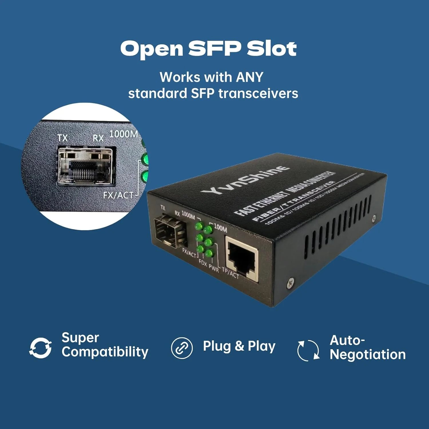 مبدل رسانه اترنت فیبر 1.25G، اسلات گیگابیتی SFP به RJ45، فیبر به اترنت با مذاکره خودکار، اتصال و پخش، سازگاری فوق العاده، بدنه فلزی مبدل رسانه اترنت فیبر 1.25G، اسلات گیگابیتی SFP به RJ45، فیبر به اترنت با مذاکره خودکار، اتصال و پخش، سازگاری فوق العاده، بدنه فلزی