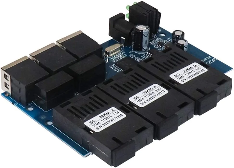 برد سوئیچ فیبر اترنت 100M PCBA مبدل رسانه نوری 20 کیلومتر 3 فیبر 3 RJ45 پشتیبانی از RPOE سیمپلکس SC سوئیچ فیبر