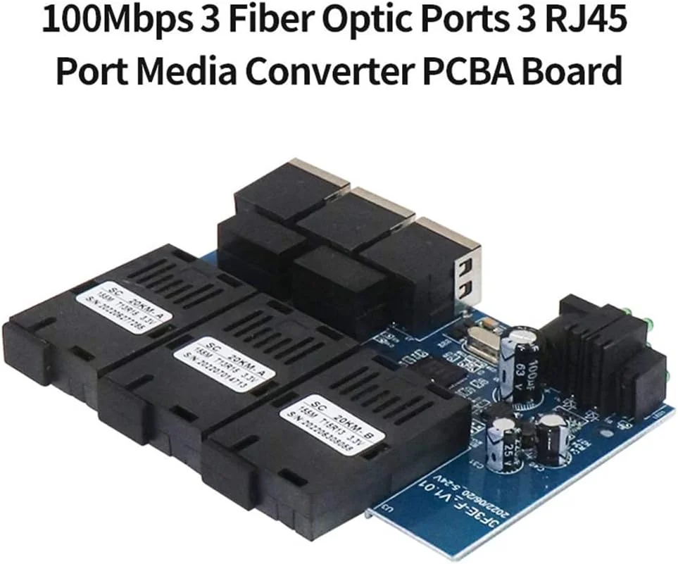 برد سوئیچ فیبر اترنت 100M PCBA مبدل رسانه نوری 20 کیلومتر 3 فیبر 3 RJ45 پشتیبانی از RPOE سیمپلکس SC سوئیچ فیبر