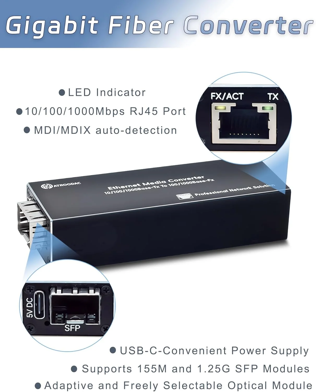 مبدل رسانه اترنت فیبر نوری گیگابیتی Atroodac، اسلات SFP 1.25G به RJ45 سازگار با 100/1000BASE-SX، مبدل رسانه کوچک، پورت FX از قابلیت تعویض سریع پشتیبانی می کند مبدل رسانه اترنت فیبر نوری گیگابیتی Atroodac، اسلات SFP 1.25G به RJ45 سازگار با 100/1000BASE-SX، مبدل رسانه کوچک، پورت FX از قابلیت تعویض سریع پشتیبانی می کند