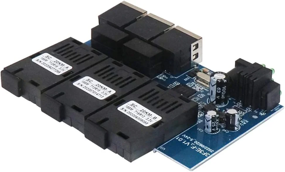برد سوئیچ فیبر اترنت 100M PCBA مبدل رسانه نوری 20 کیلومتر 3 فیبر 3 RJ45 پشتیبانی از RPOE سیمپلکس SC سوئیچ فیبر