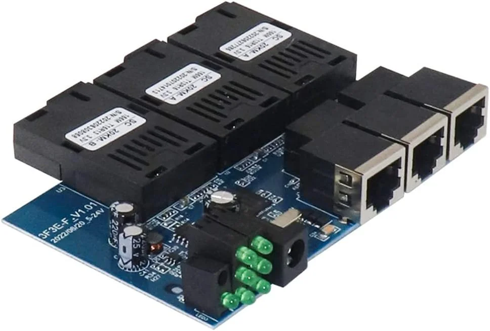 برد سوئیچ فیبر اترنت 100M PCBA مبدل رسانه نوری 20 کیلومتر 3 فیبر 3 RJ45 پشتیبانی از RPOE سیمپلکس SC سوئیچ فیبر