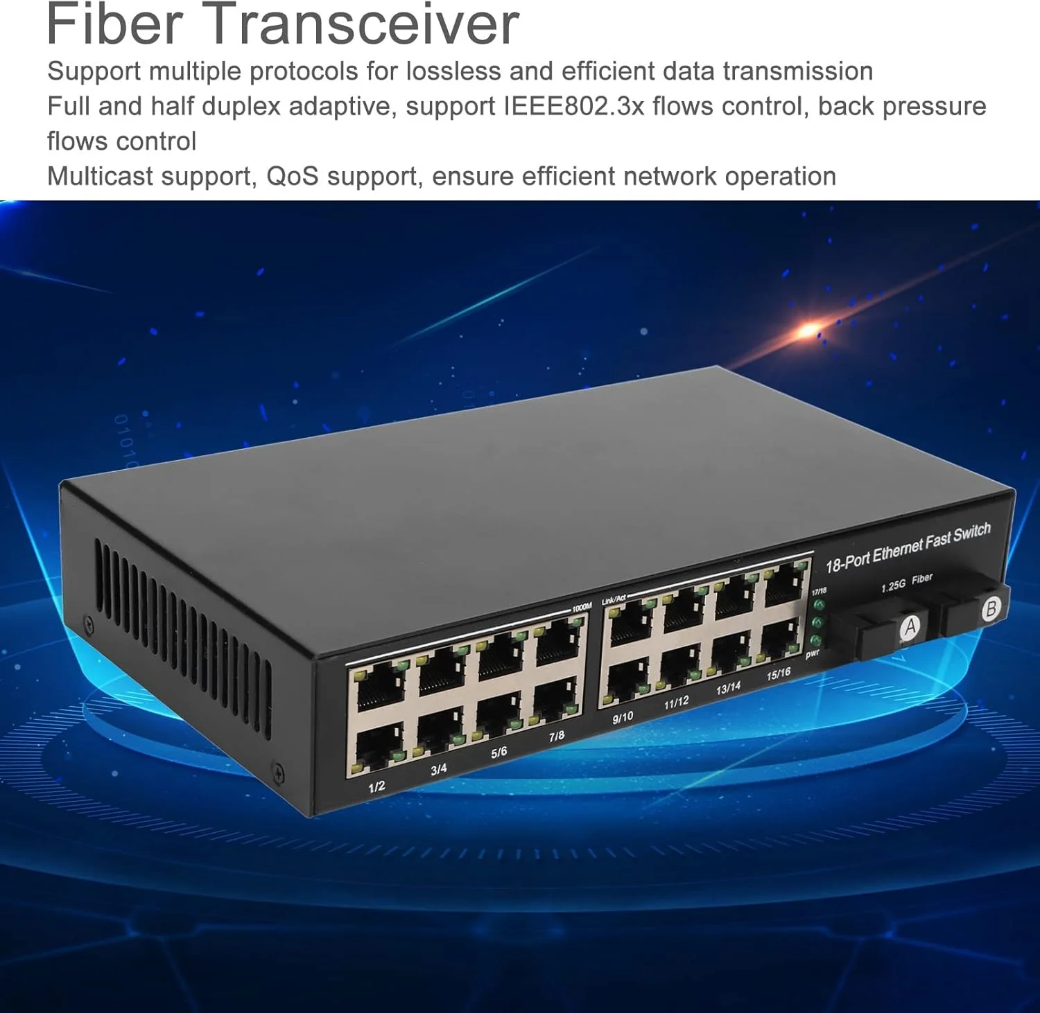 سوئیچ رسانه فیبر اترنت، فرستنده و گیرنده 2 پورت نوری Tx1310nm Rx1550nm، 16 پورت الکتریکی تا 25 کیلومتر پورت RJ45