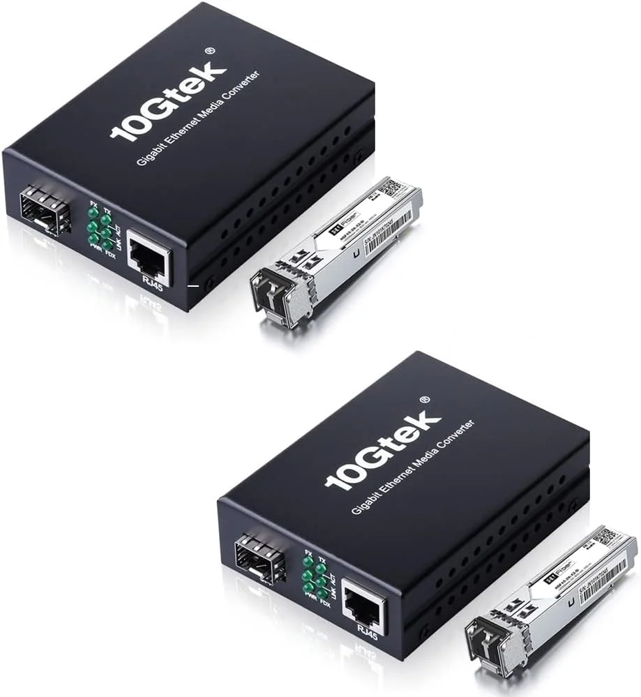 یک جفت مبدل رسانه فیبر نوری گیگابیتی چند حالته LC از H!Fiber.com، به همراه 2 عدد ماژول SFP SX، مبدل فیبر به اترنت، 1000Base-SX به 10/100/1000M RJ45، MMF، 850 نانومتر، تا 550 متر