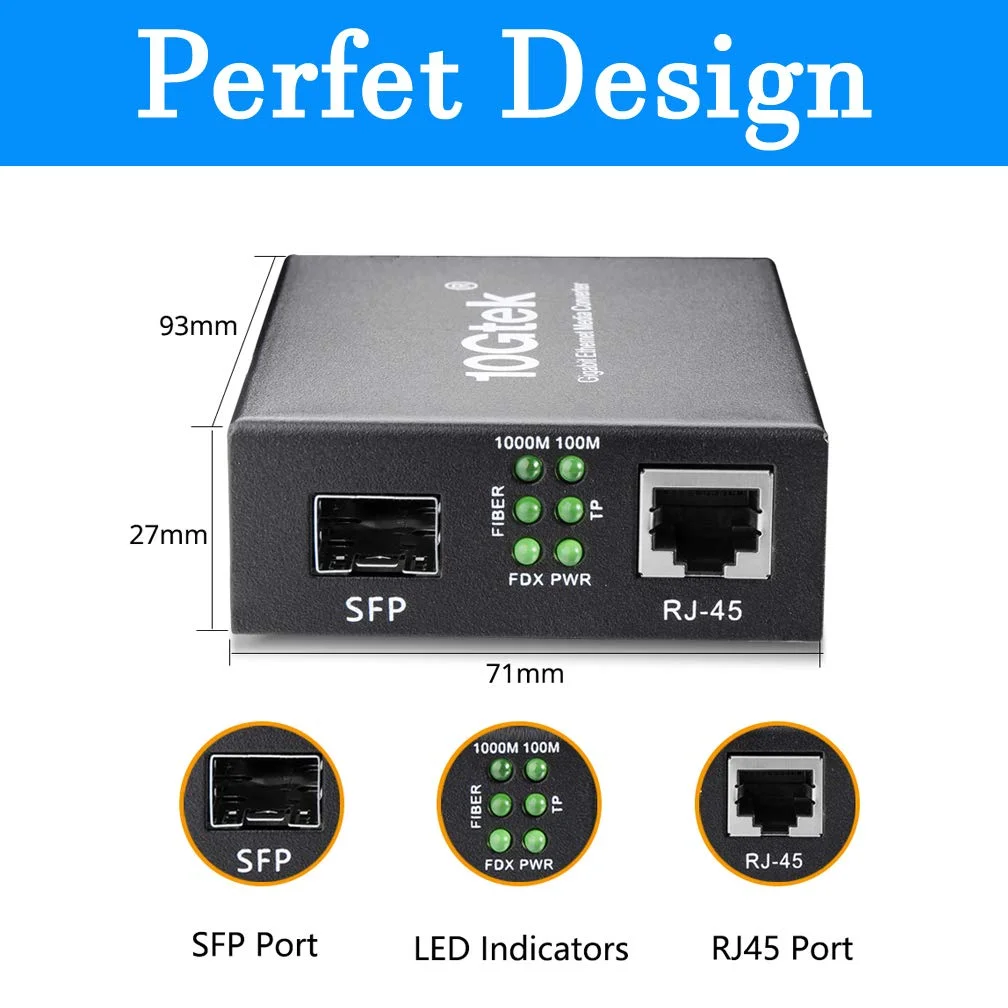 مبدل فیبر به اترنت H!Fiber.com، مبدل گیگابیتی تک حالته SFP LC، 1000Base-LX به 10/100/1000M RJ45، SMF، 1310nm، تا 20 کیلومتر، بسته 2 عددی