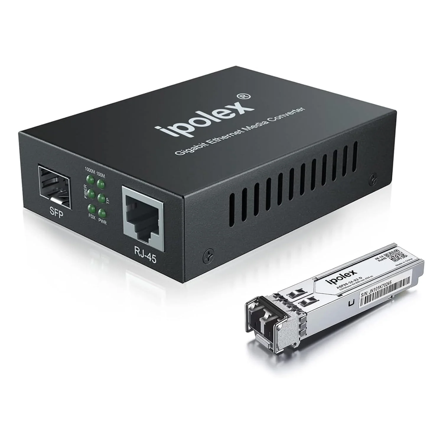 مبدل رسانه فیبر نوری چند حالته گیگابیتی اترنت ipolex LC (شامل فرستنده و گیرنده SFP SX)، تا 550 متر، 10/100/1000Base-Tx به 1000Base-SX