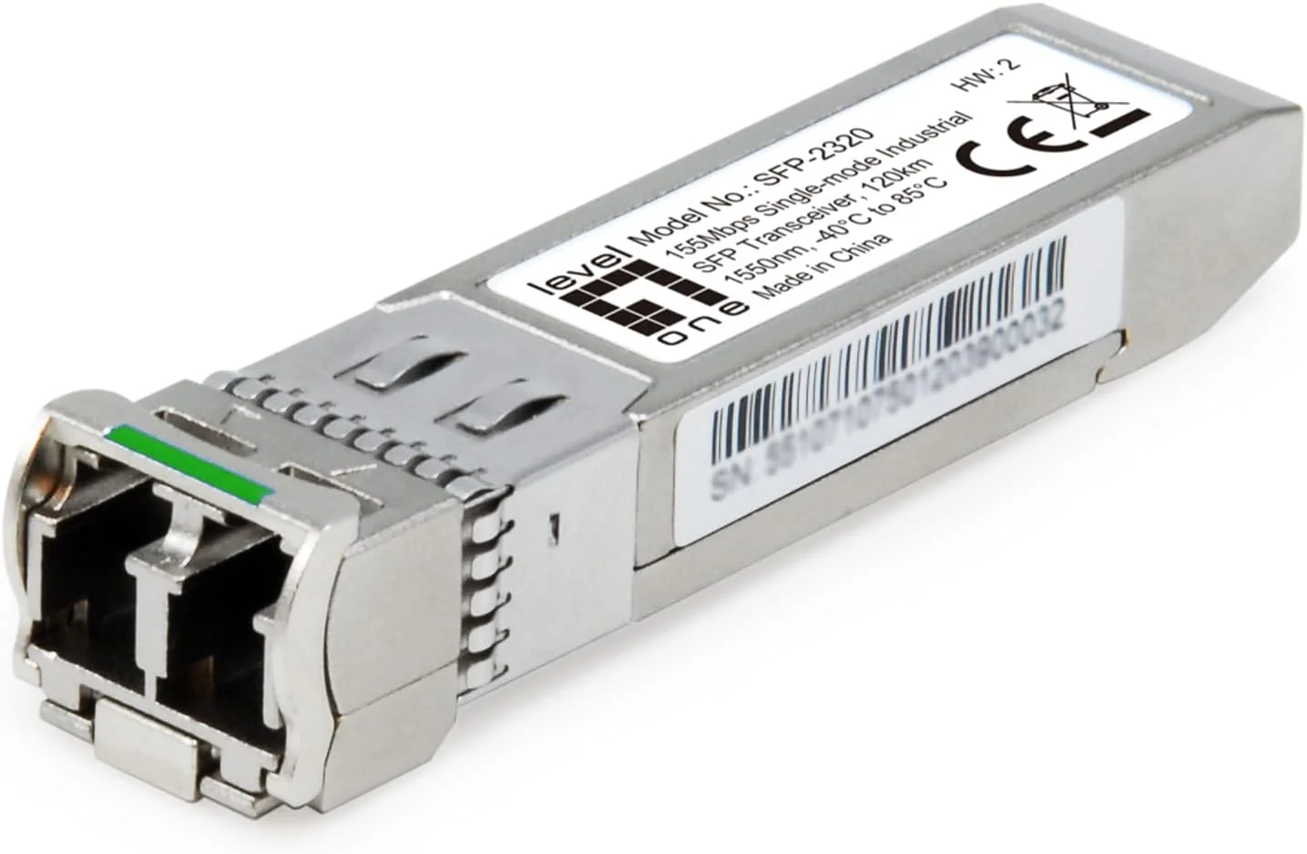 ماژول فرستنده و گیرنده شبکه فیبر نوری LevelOne SFP-2320، سرعت 155 مگابیت بر ثانیه، طول موج 1550 نانومتر / 1.25G، تک حالته، 120 کیلومتر / نقره ای