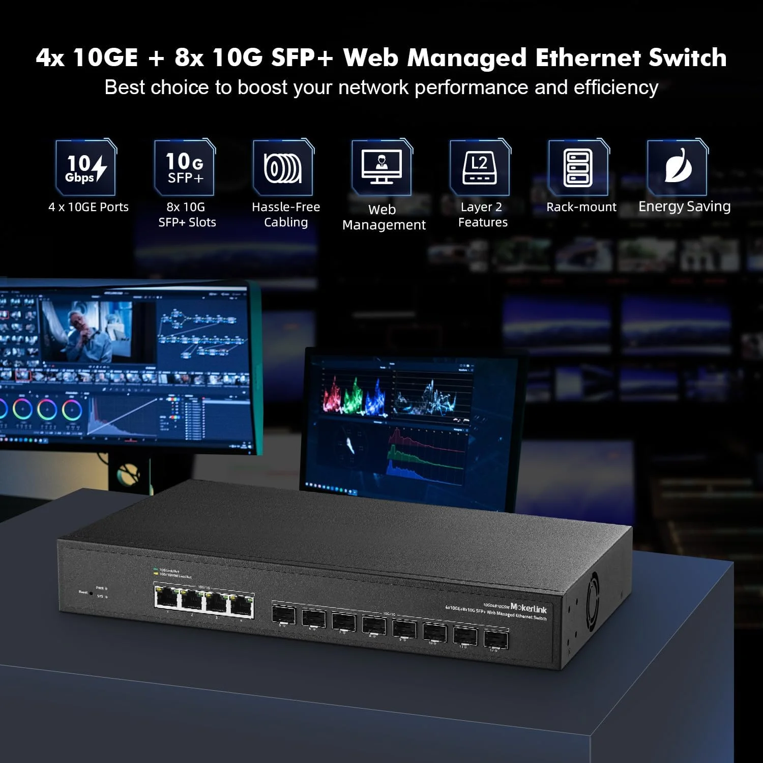 سوئیچ مدیریتی 12 پورت 10 گیگابیتی MokerLink، دارای 4 پورت اترنت 10G RJ45، 8 اسلات 10G SFP+ با پشتیبانی از ماژول های 1G و 10G SFP+، سوئیچ فیبر نوری مدیریتی با پهنای باند 240 گیگابیت بر ثانیه L2