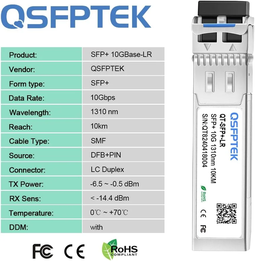 ماژول QSFPTEK 10GBASE-LR SFP، فرستنده و گیرنده نوری SFP+ 1310 نانومتر 10 کیلومتر Duplex LC SMF DOM، MINI GBIC سازگار SFP-10G-LR، و سایر سوئیچ های باز، 1 عدد