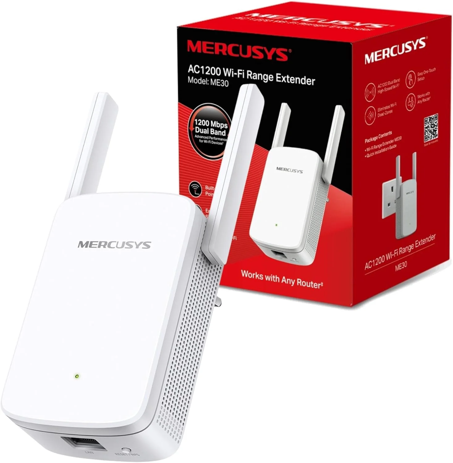 تقویت کننده وای فای MERCUSYS ME30 AC1200Mbps، تقویت کننده اینترنت، پورت اترنت، توسعه دهنده محدوده وای فای، EasyMesh، نقطه دسترسی، تکرار کننده وای فای، آداپتور UK (بسته بندی ممکن است متفاوت باشد)