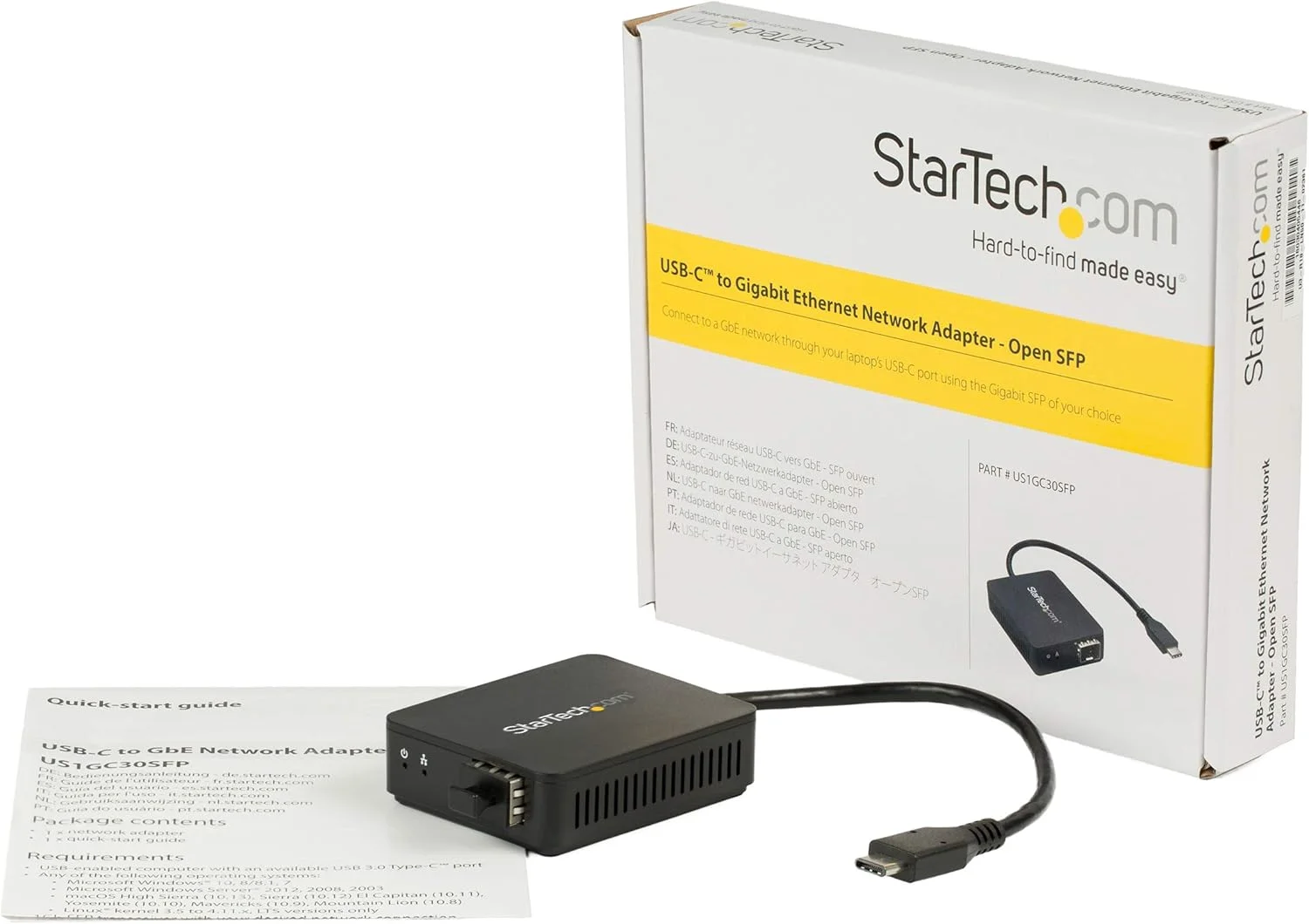 مبدل USB-C به فیبر نوری StarTech.com - SFP باز - 1000BASE-SX/LX - سازگار با ویندوز/مک/لینوکس - آداپتور اترنت USB - آداپتور شبکه USB (US1GC30SFP)