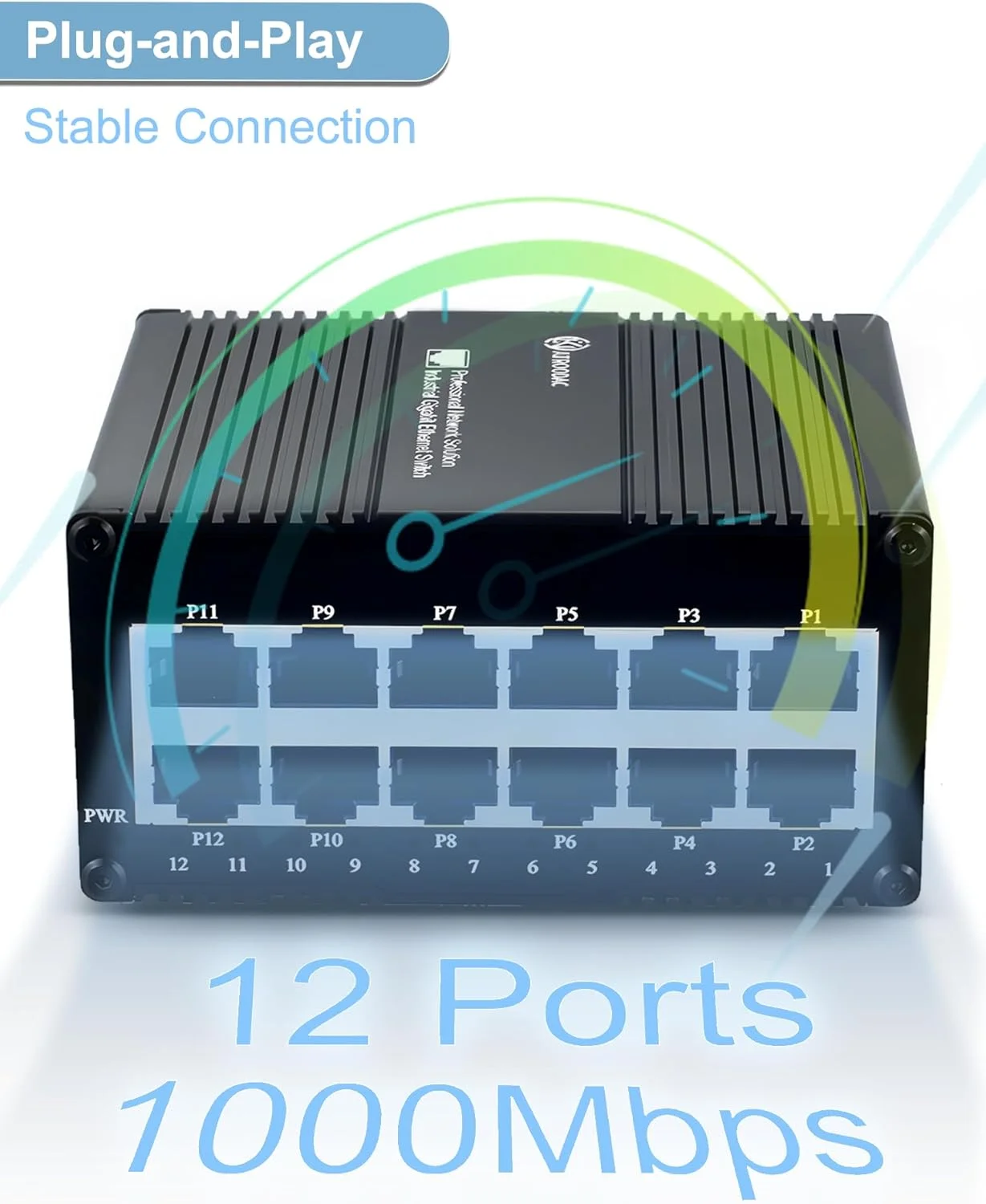 سوئیچ اترنت کوچک 12 پورت گیگابیتی Atroodac، سوئیچ شبکه غیر مدیریتی با بهینه‌سازی ترافیک و راندمان انرژی، تقسیم‌کننده اترنت IP40، بدنه فلزی مقاوم با قابلیت نصب روی دیوار، پهنای باند 20 گیگابیت بر ثانیه