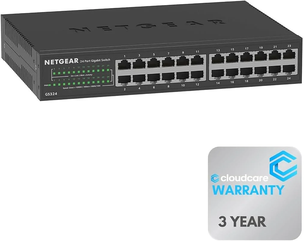سوئیچ غیر مدیریتی 24 پورت گیگابیتی NETGEAR GS324 | اتصال آسان و سریع | قابل استفاده روی میز، رک و دیوار