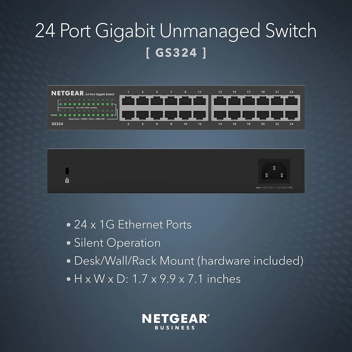 سوئیچ غیر مدیریتی 24 پورت گیگابیتی NETGEAR GS324 | اتصال آسان و سریع | قابل استفاده روی میز، رک و دیوار