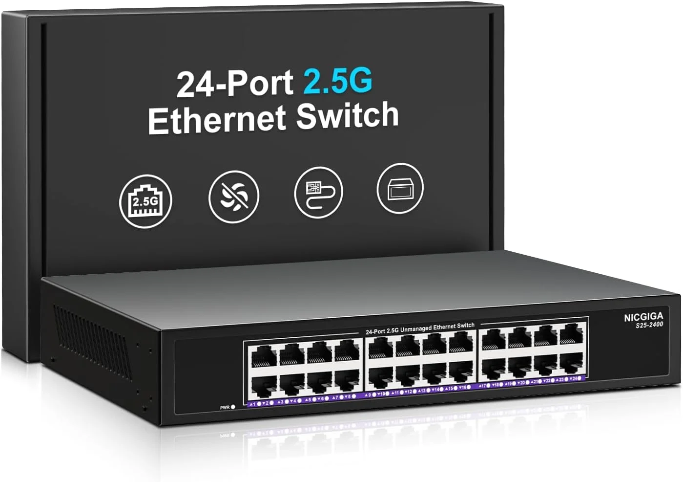 سوئیچ اترنت 24 پورت 2.5 گیگابیتی غیر مدیریتی، سوئیچ شبکه 24 پورت 2.5G نیک گیگا، پلاگ اند پلی، قابل استفاده رومیزی یا نصب در رک 19 اینچی، طراحی فلزی بدون فن.