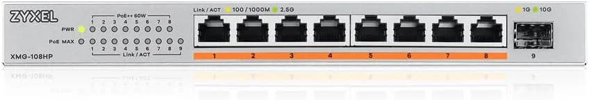 سوئیچ غیر مدیریتی 8 پورت PoE 2.5G Multi-Gig زایکسل @ 100W با 8 پورت PoE++(60W) | 1 پورت 10G SFP+ | قابل نصب روی میز یا دیوار [XMG-108HP]