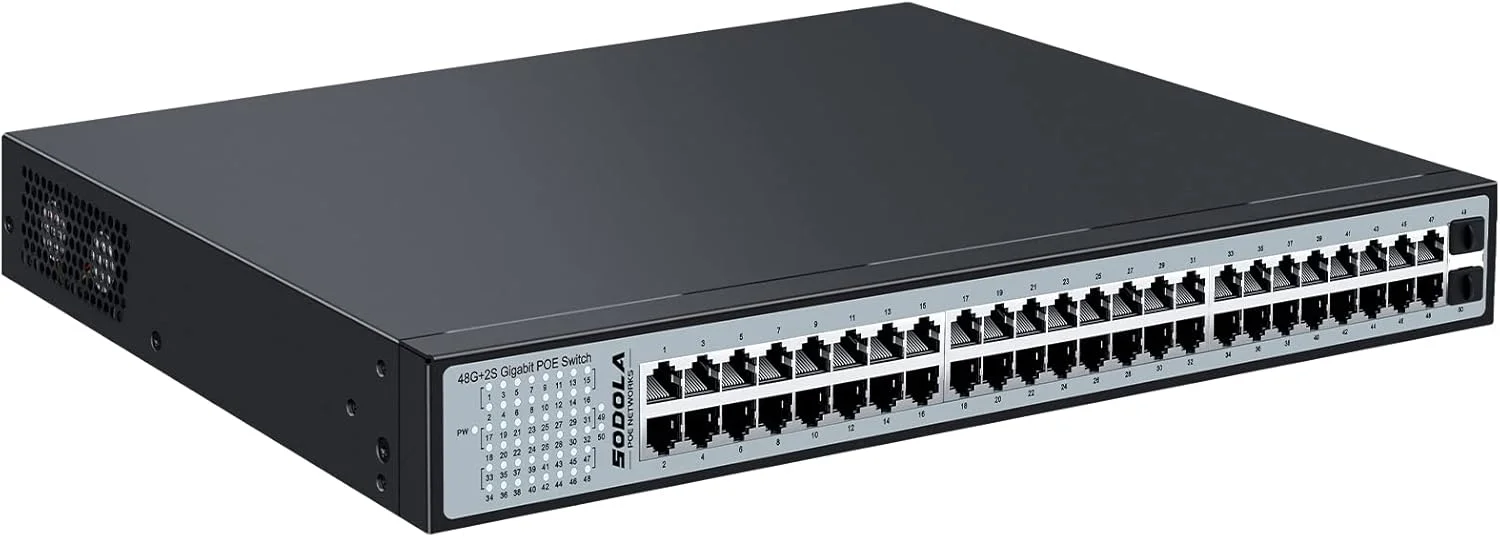 سوئیچ 48 پورت گیگابیتی PoE سودولا، سوئیچ شبکه 600 واتی غیر مدیریتی با 48 پورت IEEE802.3af/at PoE، دارای 2 پورت SFP 1G، بدنه فلزی قابل نصب در رک، سوئیچ غیر مدیریتی Plug and Play با قابلیت تغذیه از طریق اترنت