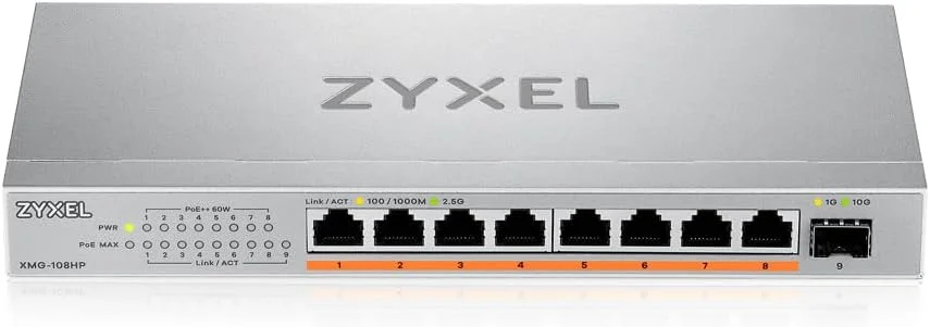 سوئیچ غیر مدیریتی 8 پورت PoE 2.5G Multi-Gig زایکسل @ 100W با 8 پورت PoE++(60W) | 1 پورت 10G SFP+ | قابل نصب روی میز یا دیوار [XMG-108HP]