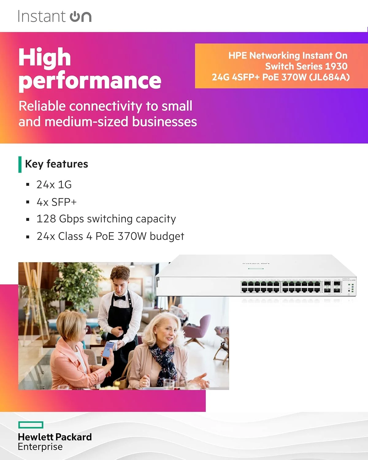 سوئیچ هوشمند اترنت 24 پورت گیگابیتی Aruba Instant On 1930 با 24 پورت PoE (370W) و 4 پورت SFP+ 1G/10G، سیم برق آمریکا (JL684A#ABA) از شرکت Hewlett Packard Enterprise