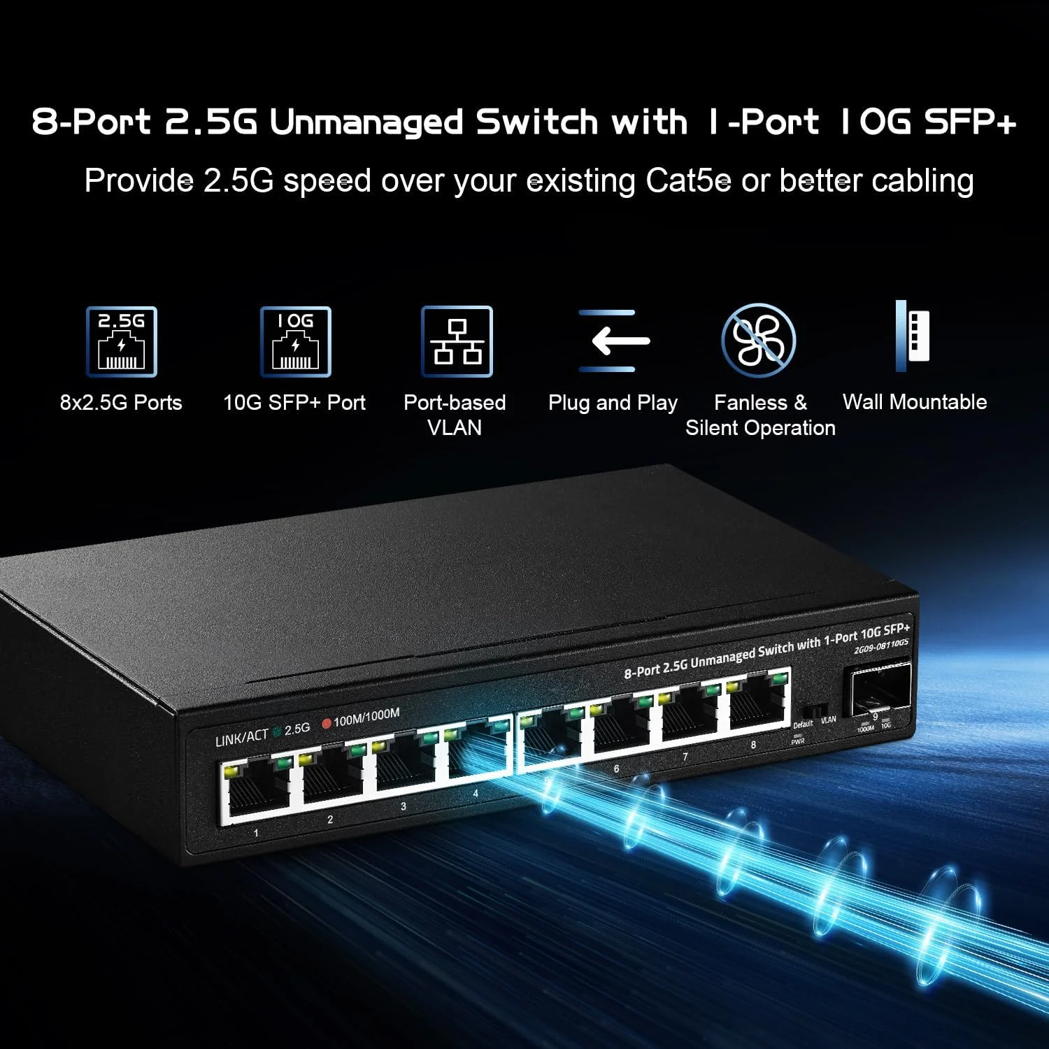 سوئیچ 8 پورت 2.5G Binardat با پورت 10G SFP+، دارای 8 پورت 2.5 گیگابیتی RJ-45 Base-T، سوئیچ اترنت رومیزی Multi-Gigabit غیر مدیریتی