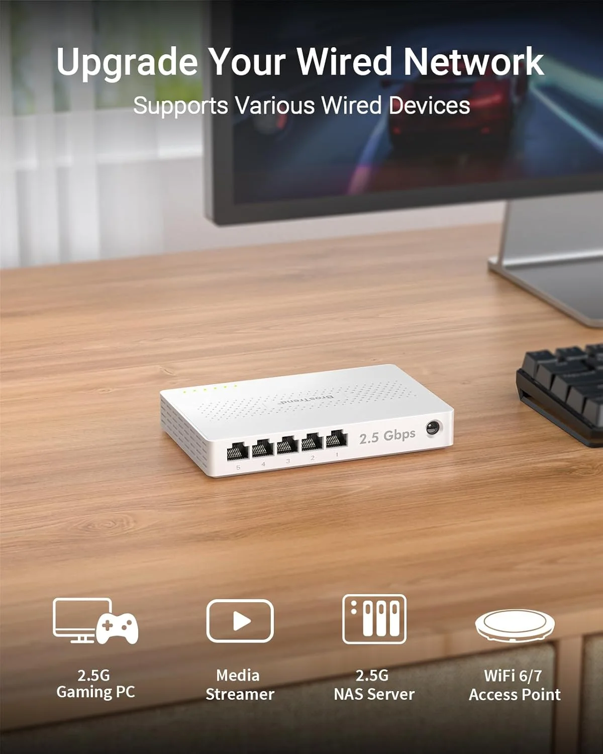 سوئیچ 5 پورت 2.5 گیگابیتی BrosTrend، سوئیچ اترنت غیر مدیریتی برای کنسول بازی، کامپیوتر، NAS و غیره. سوئیچ شبکه 2.5 گیگابیتی بدون فن، پلاگ اند پلی، سوئیچ چند گیگابیتی، قابل نصب روی میز/دیوار، پشتیبانی مادام العمر