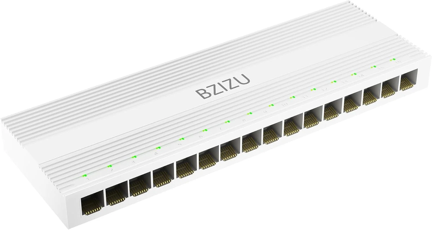 سوئیچ اترنت گیگابیتی 16 پورت BZIZU، اسپلیتر شبکه غیر مدیریتی Plug and Play، سایز کوچک رومیزی با طراحی بی صدا و بدون فن، بدنه پلاستیکی سفید