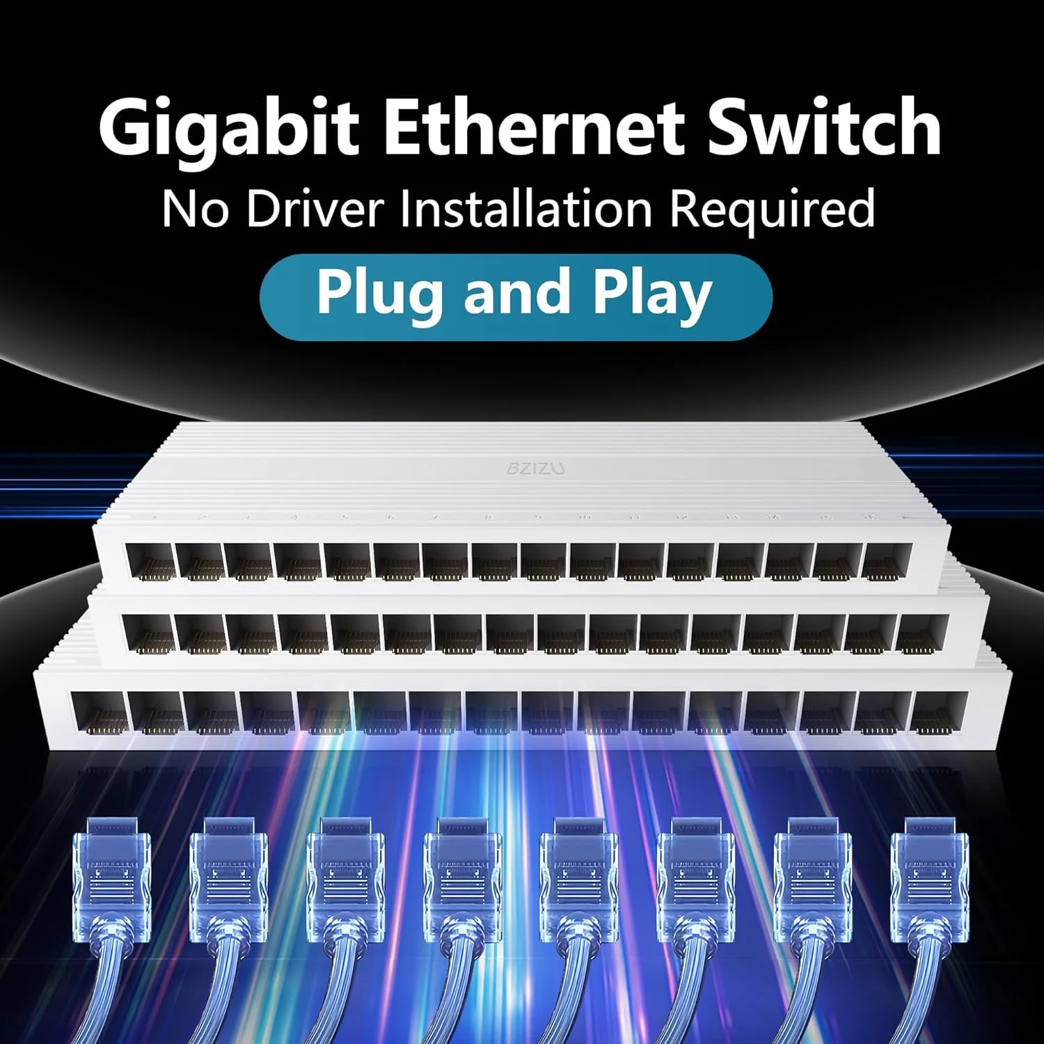 سوئیچ اترنت گیگابیتی 16 پورت BZIZU، اسپلیتر شبکه غیر مدیریتی Plug and Play، سایز کوچک رومیزی با طراحی بی صدا و بدون فن، بدنه پلاستیکی سفید