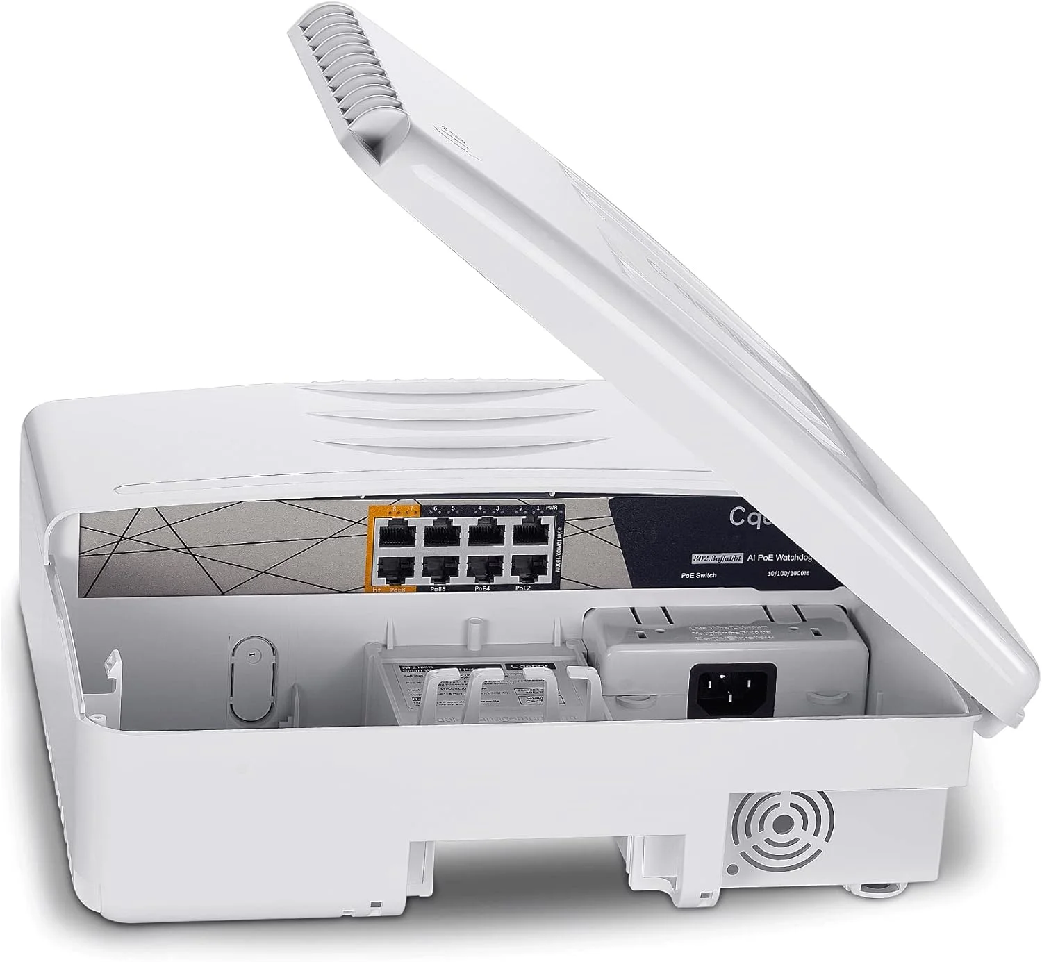 سوئیچ PoE گیگابیتی 8 پورت مناسب فضای باز، IEEE802.3af/at/bt، جعبه یکپارچه، توان خروجی بالا، مجموع 120 وات، نصب آسان، بدون فن، AI Watchdog.