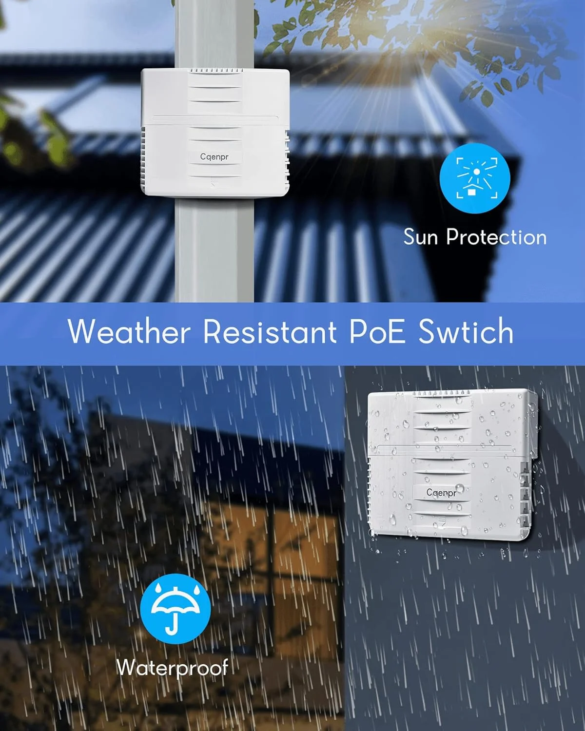 سوئیچ PoE گیگابیتی 8 پورت مناسب فضای باز، IEEE802.3af/at/bt، جعبه یکپارچه، توان خروجی بالا، مجموع 120 وات، نصب آسان، بدون فن، AI Watchdog.