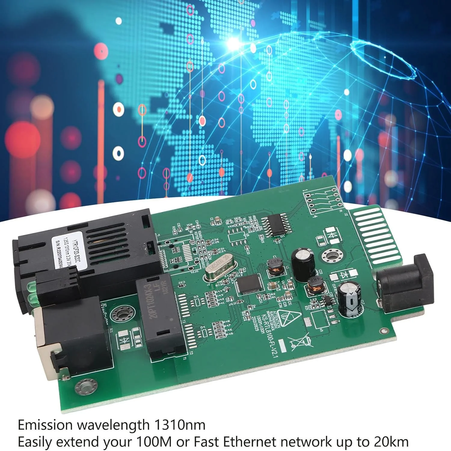 فرستنده و گیرنده فیبر نوری، طراحی ماژولار، مذاکره خودکار دوطرفه کامل و نیمه، انتقال در 1310 نانومتر، فاصله 20 کیلومتر، پورت RJ45 با LED