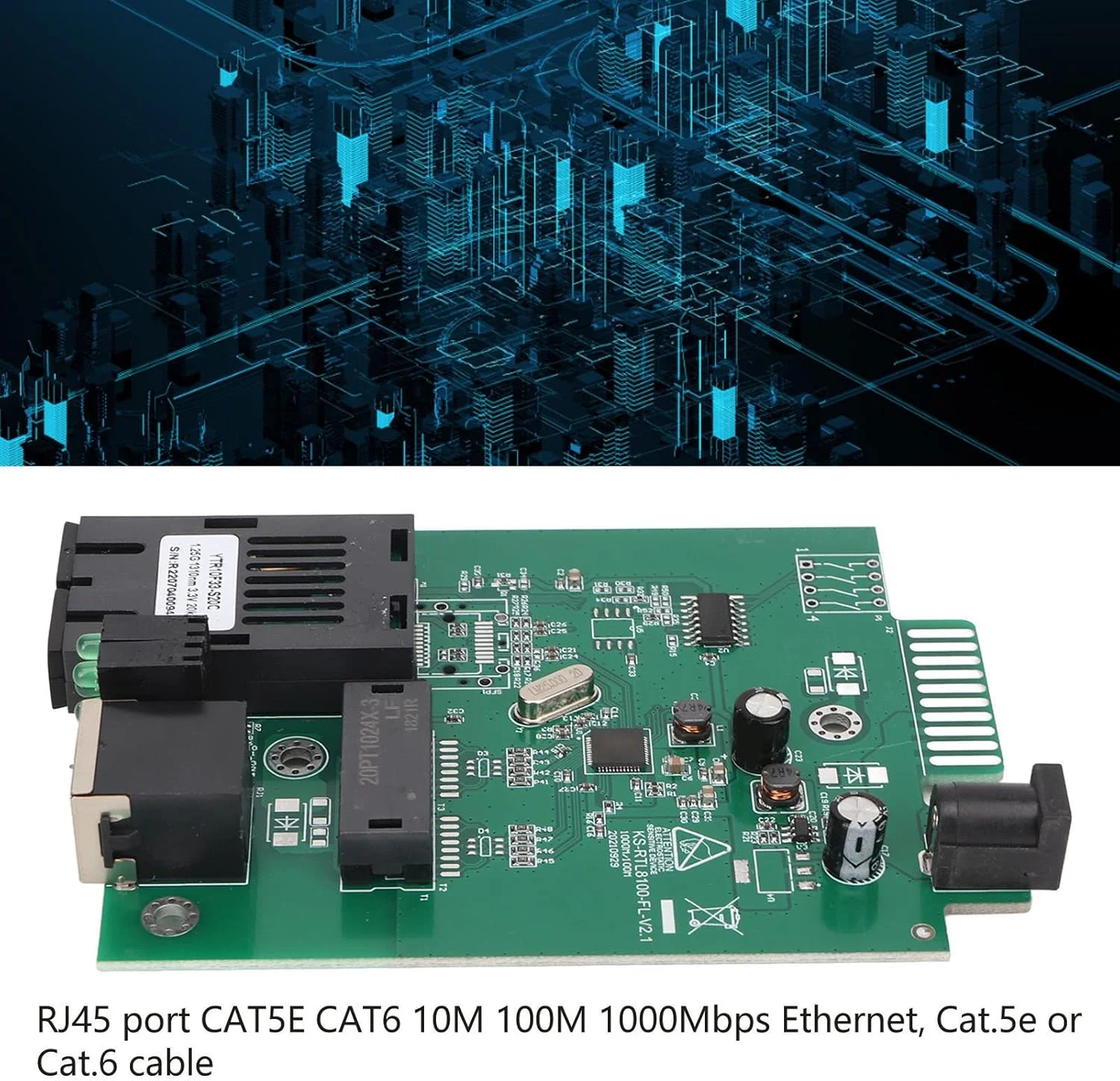 فرستنده و گیرنده فیبر نوری، طراحی ماژولار، مذاکره خودکار دوطرفه کامل و نیمه، انتقال در 1310 نانومتر، فاصله 20 کیلومتر، پورت RJ45 با LED