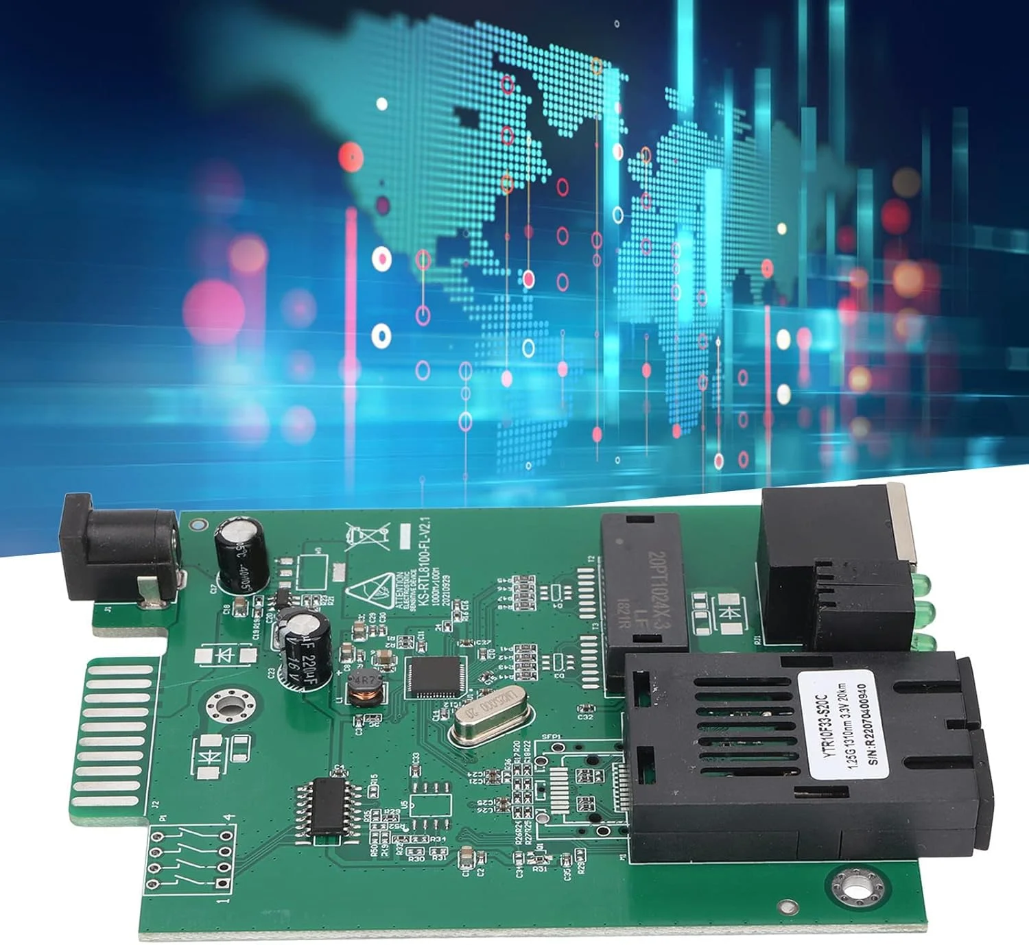 فرستنده و گیرنده فیبر نوری، طراحی ماژولار، مذاکره خودکار دوطرفه کامل و نیمه، انتقال در 1310 نانومتر، فاصله 20 کیلومتر، پورت RJ45 با LED