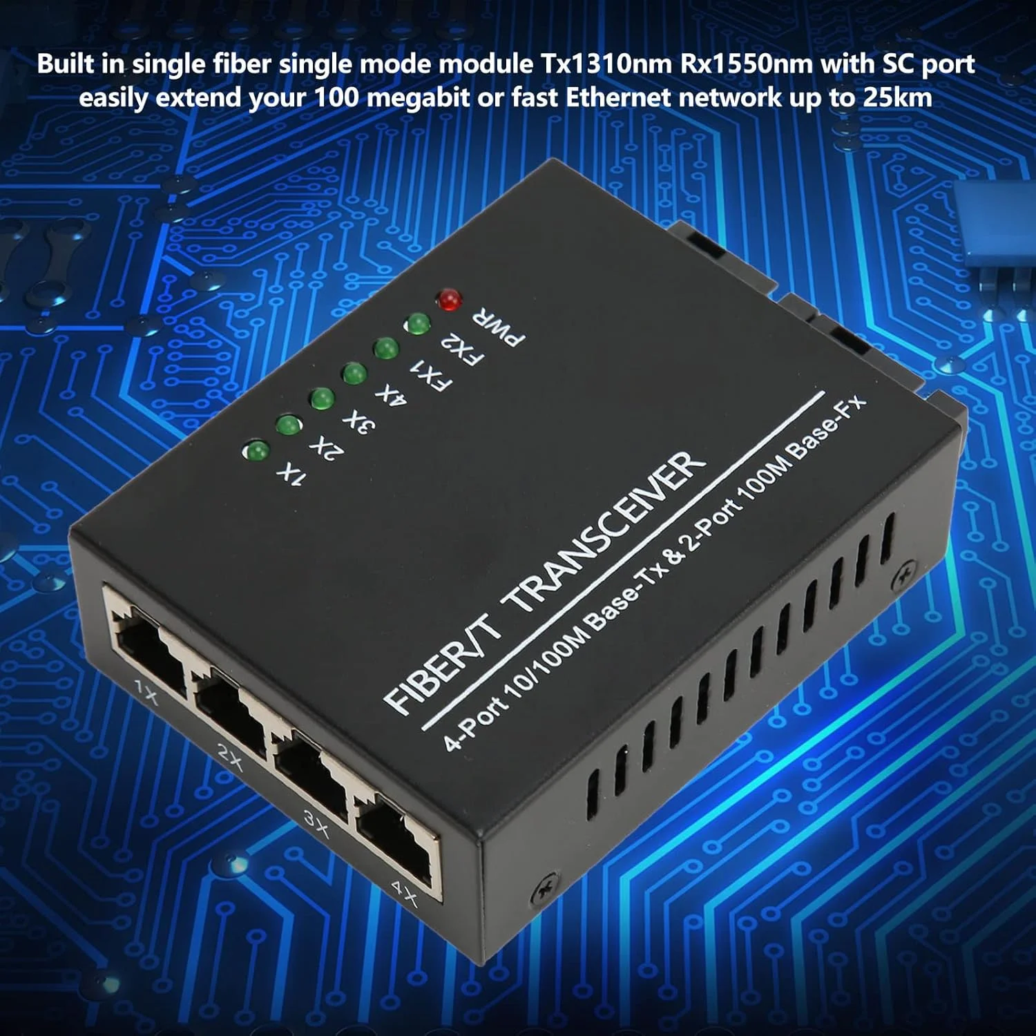 فرستنده و گیرنده فیبر نوری، Tx1310nm/Rx1550nm، تک فیبر تک حالته، پورت نوری 100 مگابیت بر ثانیه، پورت الکتریکی 10/100 مگابیت بر ثانیه، شبکه اترنت سریع تا 25 کیلومتر