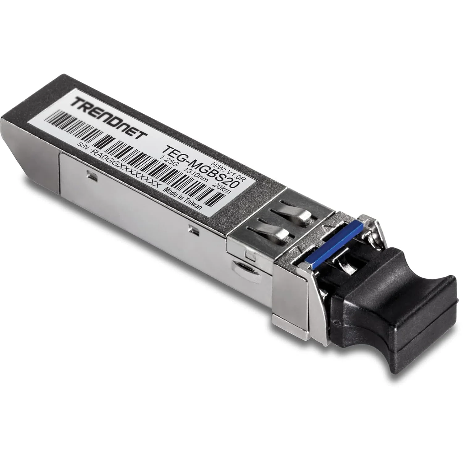 ماژول تک حالته فیبر نوری SFP ترندنت مدل TEG-MGBS20، نرخ انتقال داده تا 1.25 گیگابیت بر ثانیه، طول موج 1310 نانومتر، سازگار با استاندارد IEEE 802.3z Gigabit Ethernet و ANSI Fiber Channel، پشتیبانی مادام العمر