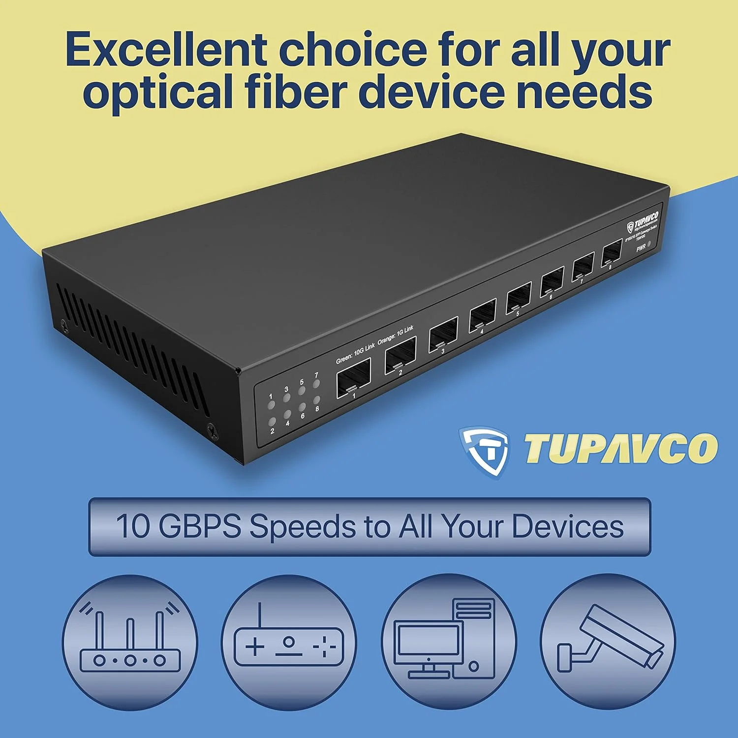 سوئیچ توپاوکو 10GB SFP+ (8 پورت - غیر مدیریتی) - اترنت 10 گیگابیتی با 8 اسلات Small Form-Factor Pluggable برای شبکه فیبر نوری (کابل نوری) یا دستگاه های فرستنده و گیرنده LAN (RJ45/CAT6+) - TP1910