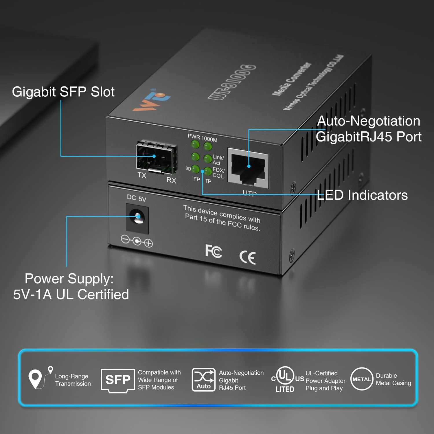 مبدل رسانه اترنت فیبر نوری دو عددی با 2 عدد فرستنده گیرنده نوری SFP با سرعت 1.25 گیگابیت بر ثانیه، مبدل رسانه SFP گیگابیتی به RJ45 با فرستنده گیرنده فیبر نوری گیگابیتی 1000Base-SX (MMF,850nm,550m,DDM)