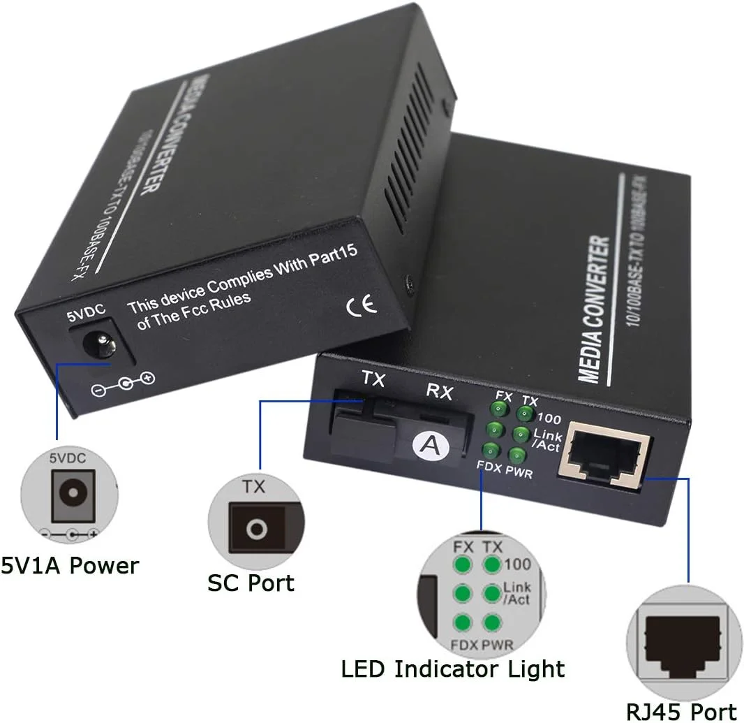 مبدل رسانه اترنت فیبر نوری XMSJSIY، تک حالته 10/100Base-TX به 100Base-FX، RJ45 به SC، فرستنده و گیرنده فیبر نوری تا 25 کیلومتر (1 جفت)